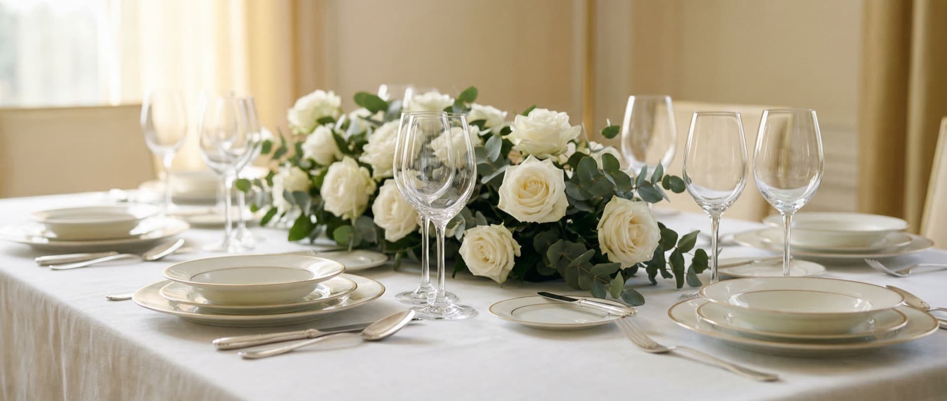 Mesa posta elegante com pratos finos, tacas de cristal e arranjo de rosas brancas