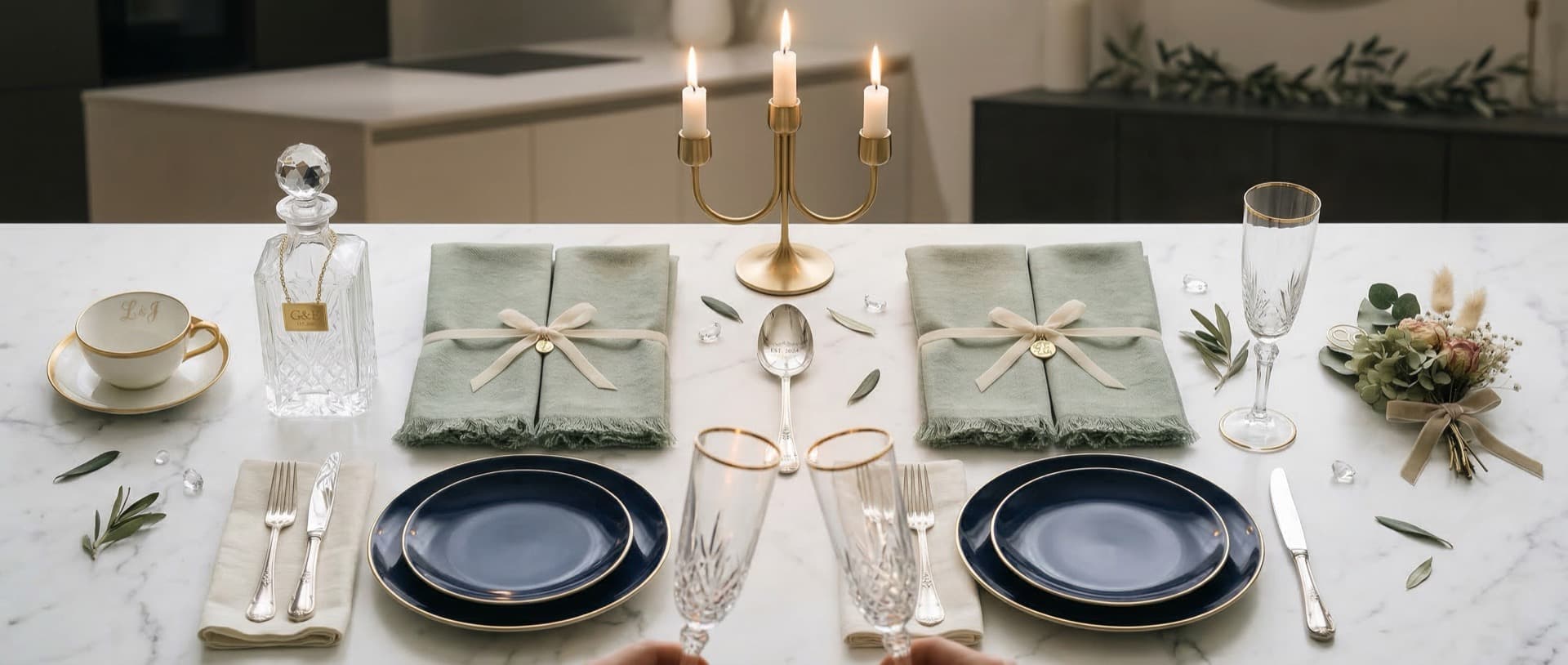 Mesa romantica para dois com pratos navy, candelabro dourado, guardanapos sage e cristais